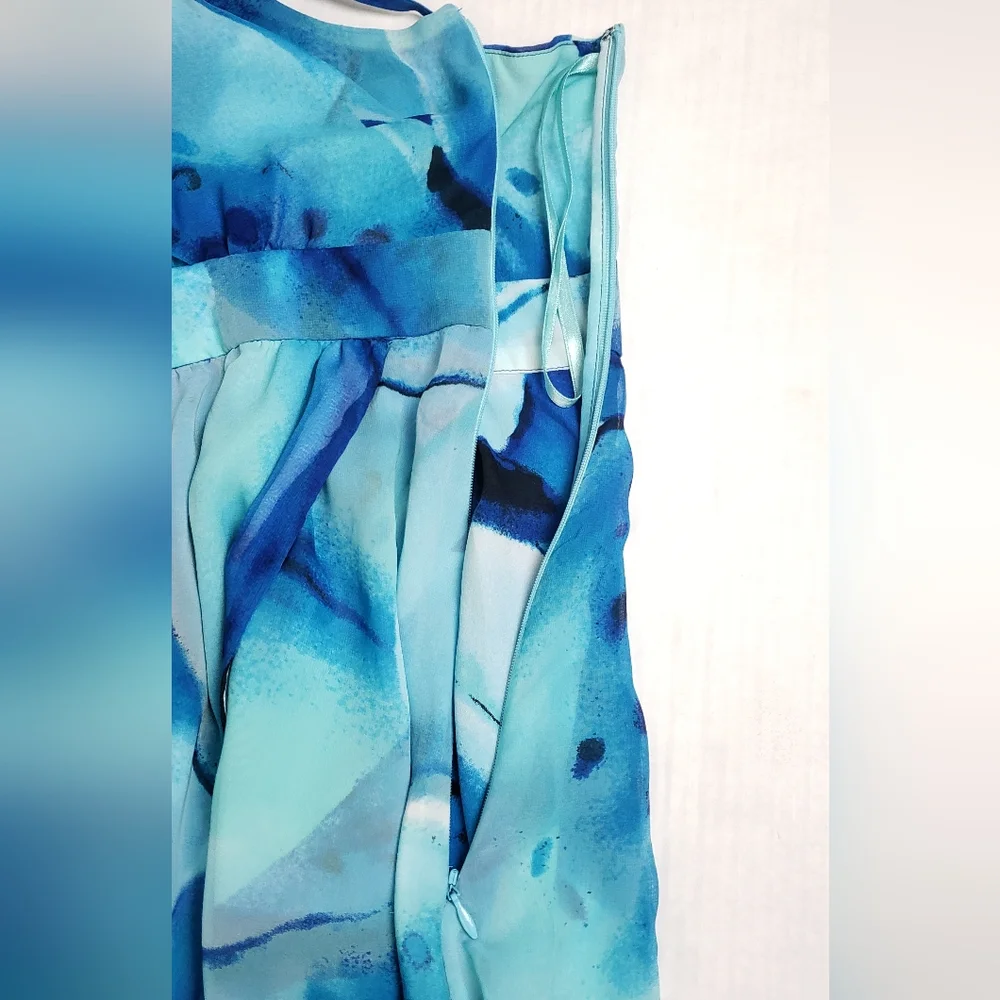 Coastal Resort Blue Floral Empire Waist High Low Dress Sz 6 Mermaid Ethereal - Picture 13 of 14